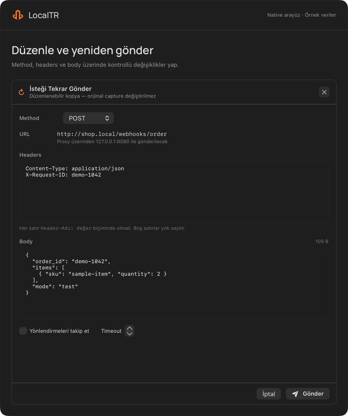 LocalTR'nin örnek verilerle açılmış istek düzenleme ve yeniden gönderme formu